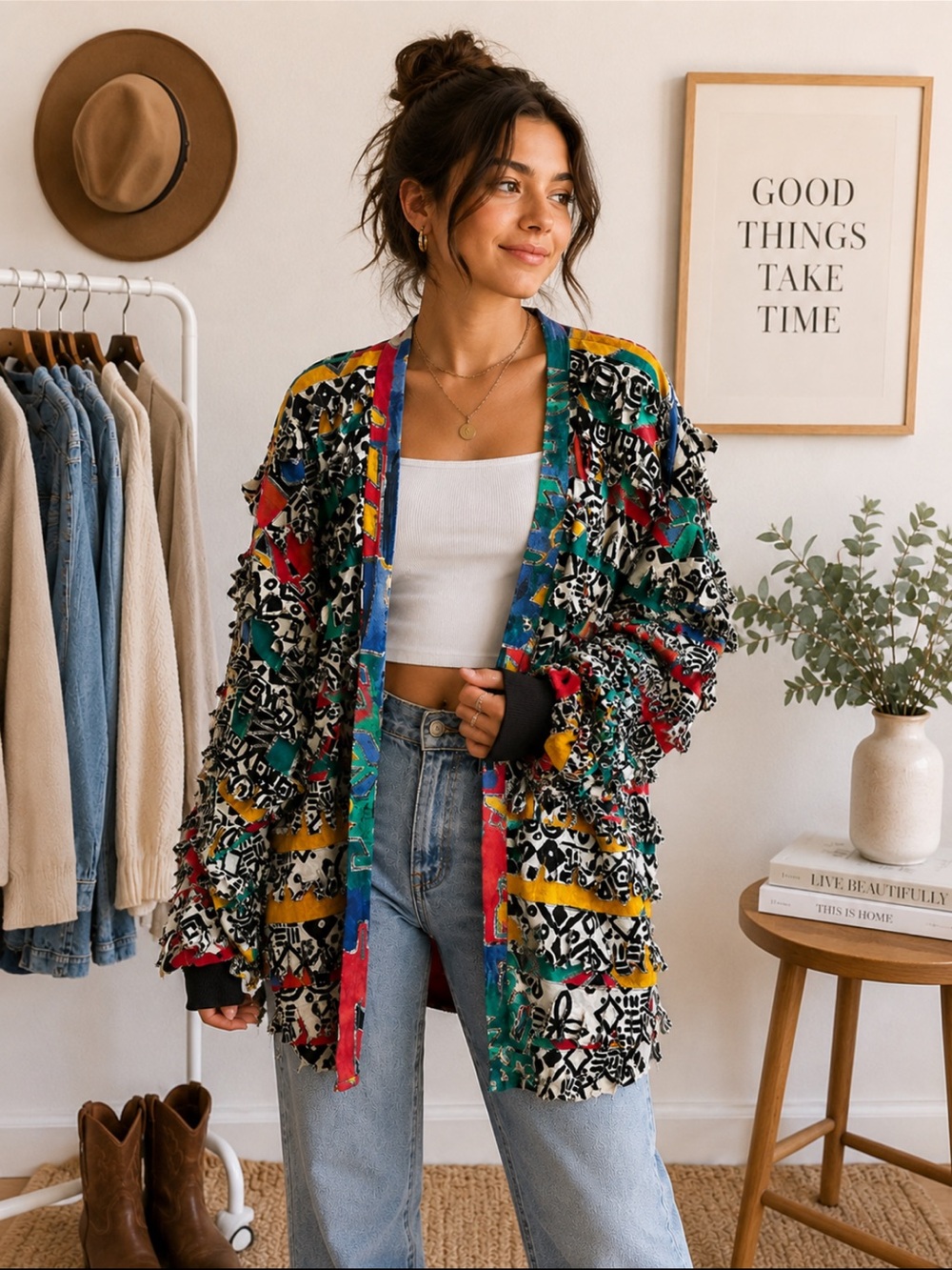 Vintage Paula Sweet Colorful Boho Fringe Cardigan - Multi